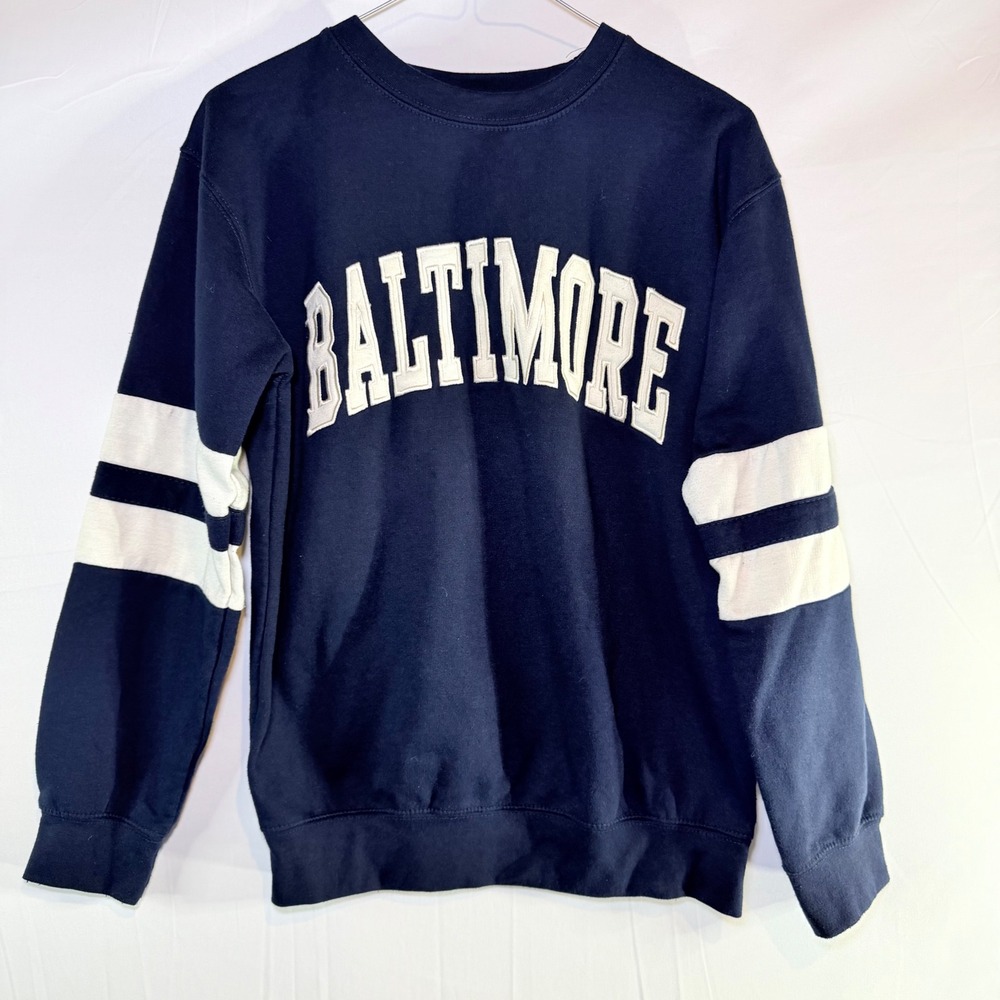 New York Popular Baltimore Crewneck Sweatshirt Navy Blue Varsity Stripe Womens S